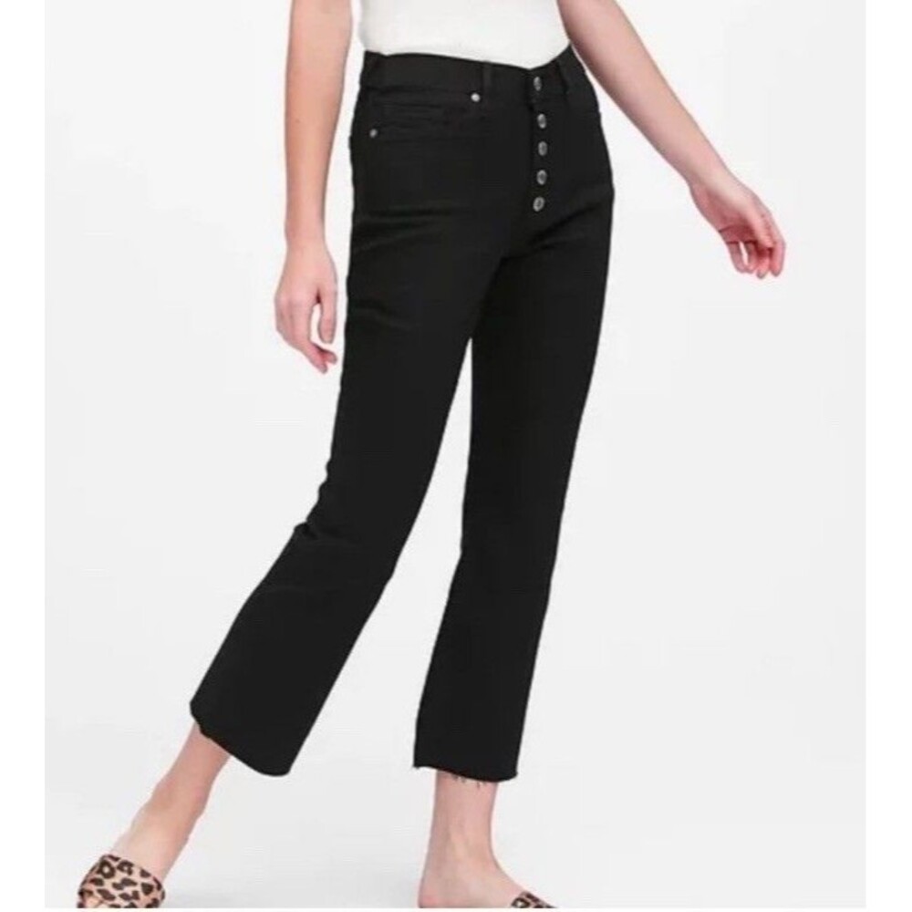 Banana Republic Black Button Fly Raw Hem Mid Rise Crop Flare Jeans Size 27